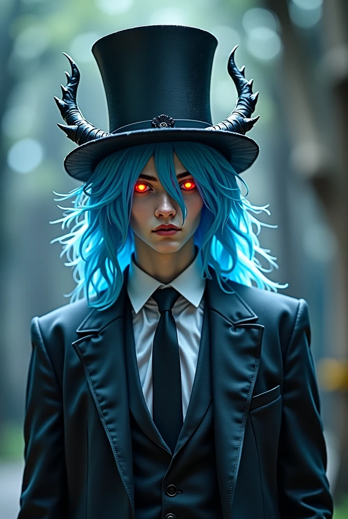 1 tall pale guy with blue hair wearing a suit without a jacket, He wears a hat with angelic-looking horns and wings, his eyes reflect a red light.