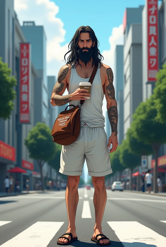 Photorealism 1.2 posterized masterpiece high detailed definition man long hair long beard wearing white singlet standing at middle road at Tokyo city fully body short trousers wearing slipper brown sling bag holding cup of coffee wrote 人生を楽しむ backpack maori tattoos on left shoulder