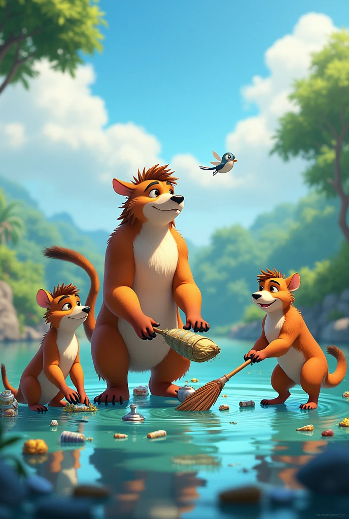 6. **Teamwork:** Depict all the animals working together to clean the lake. Show Sheru removing large debris, Bablu collecting smaller pieces, Minni flying with a small piece of trash, and Chunnu organizing the cleanup effort. The mood should be one of cooperation and determination.