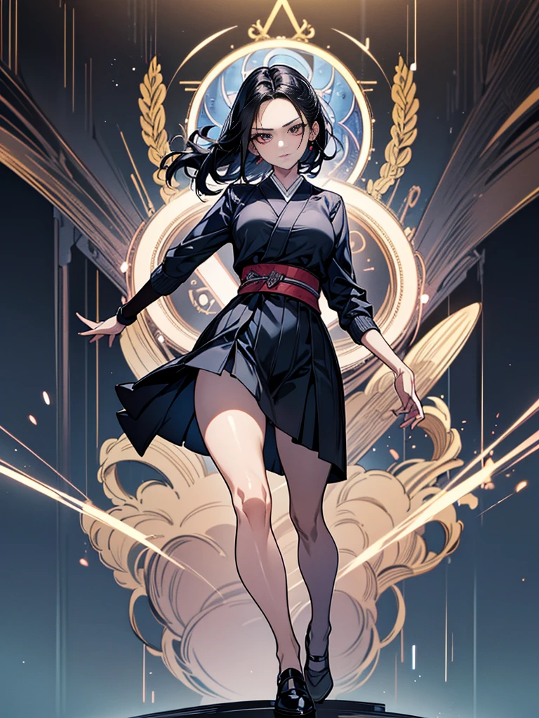 One adult woman with narrow eyes,career woman,Tight skirt,pumps,lawyer,cool,Gaze, Forehead,Anatomically correct, accurate, masterpiece, Highest quality, Winner of numerous awards, Textured skin, Retina, Retina, Black Hair, Half-up hairstyle, Solemn, Column Lineup,Cinematic light effects, Anime Style, Japanese illustration style,