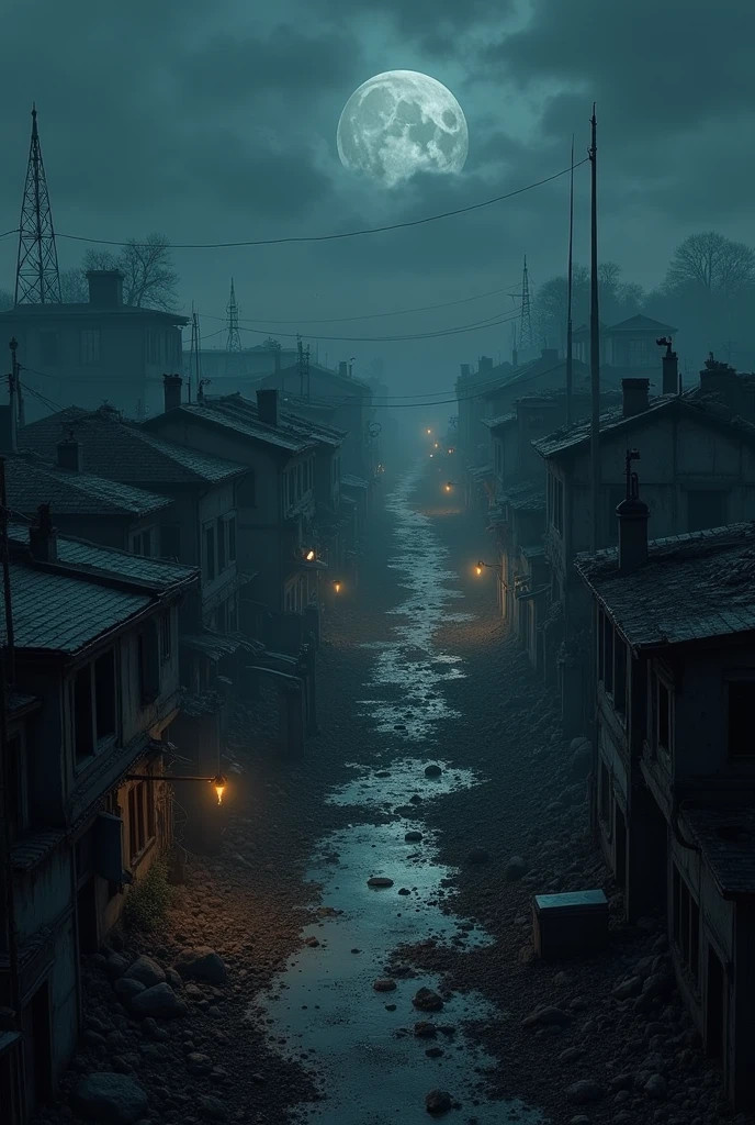 Night city scene, no people, high angle, houses destroyed after the battle, no electricity.