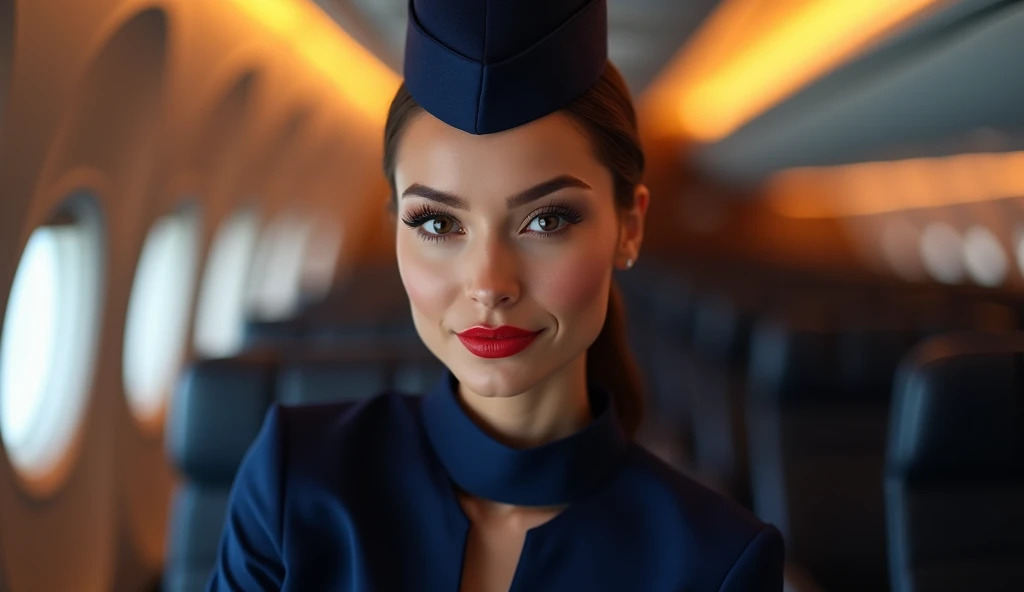 a beautiful female hostess in a flight, DJ DJing, wearing dark blur flight attendant uniform detailed realistic portrait, high quality, photorealistic, extremely detailed eyes and face, long eyelashes, mature elegant expression, red lips, flight attendant uniform, standing in an airplane interior, warm lighting, intricate details,, 8k