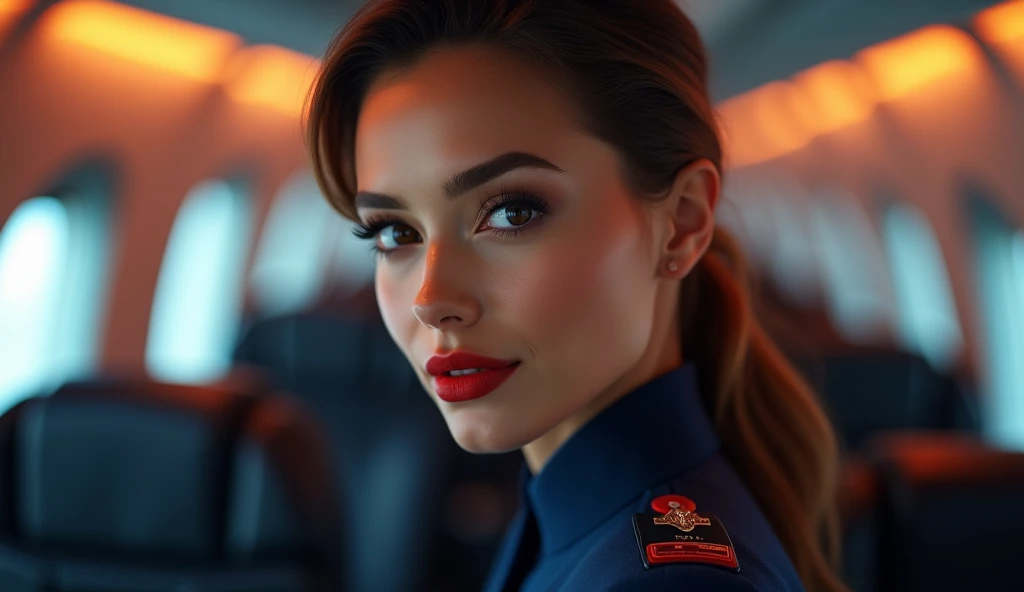 a beautiful female hostess in a flight, DJ DJing, wearing dark blur flight attendant uniform detailed realistic portrait, high quality, photorealistic, extremely detailed eyes and face, long eyelashes, mature elegant expression, red lips, flight attendant uniform, standing in an airplane interior, warm lighting, intricate details,, 8k