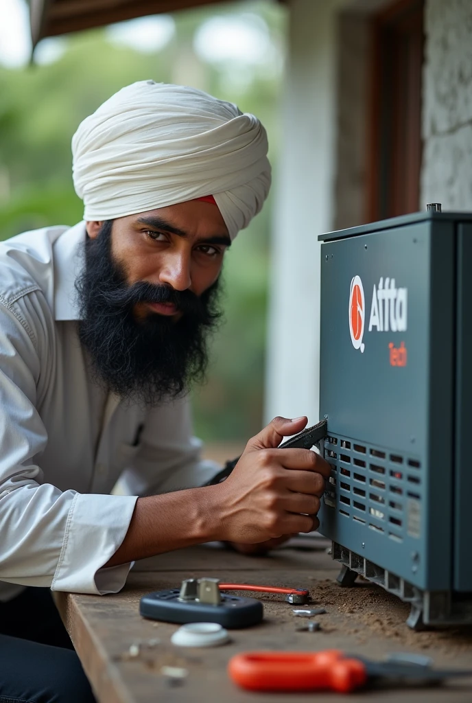 a sikh young man with wear wite short turban  and repair a inverter which       name is a afta tech front on inverter 


 