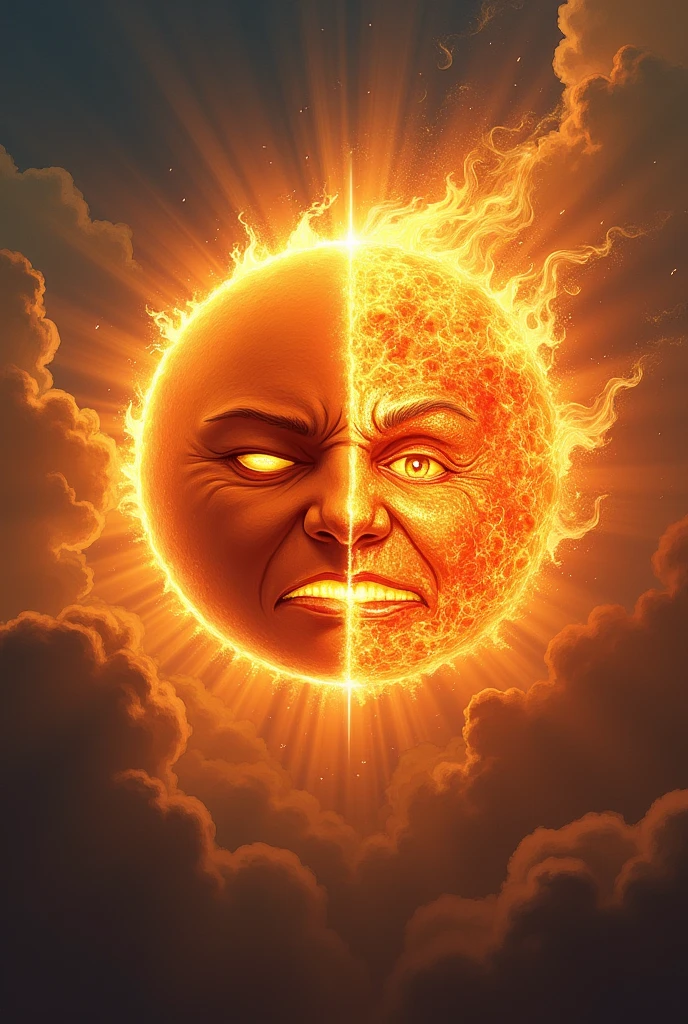 Make a sun picture with calm and angry expressions in one picture