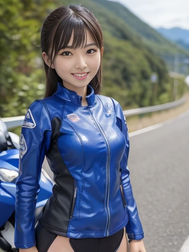 Japanese female, (underweight), (medium bust best quality:1.5), 30 years old, (cheerful grin:1.3),big city, (blue rider suit), yamaha super sports motorcycle, (motion blur:1.4),Hang off on the mountain pass road,