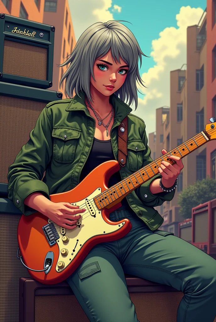 A girl channeling Bob Dylan, strumming a Stratocaster on Music Day, inspired by the 1980s. She exudes joyfulness, adorned in moderate detail with iconic '80s fashion, against a backdrop of towering guitar amps. The scene is captured in a brightly lit environment, through a medium shot that offers a third-person view at eye level. The sensory detail is primarily visual, and the emotional tone is exhilarating. Accessibility features include text descriptions. (one mature female),(solo),parietal, skate girl,human,(manly:1.5),broad shoulder, gray hair,((Shoulder length hair)), navy blue eyes,half opened eyes, ((sanpaku)),Muscular,Brawny,Buff, ((bad mood)),jitome,slant eyes, sharp eyes,half opened eyes, flight jacket,cargo pants, covered all over,((cowboy shot)),standing, ((Flat lighting)),natural lighting, (best quality), (ultra-detailed),(perfect anatomy), high resolution,detailed line art, sharp focus,color illustration,