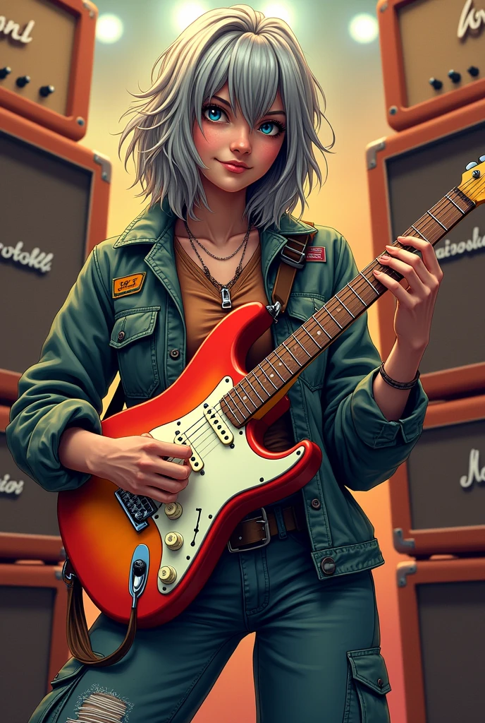 A girl channeling Bob Dylan, strumming a Stratocaster on Music Day, inspired by the 1980s. She exudes joyfulness, adorned in moderate detail with iconic '80s fashion, against a backdrop of towering guitar amps. The scene is captured in a brightly lit environment, through a medium shot that offers a third-person view at eye level. The sensory detail is primarily visual, and the emotional tone is exhilarating. Accessibility features include text descriptions. (one mature female),(solo),parietal, skate girl,human,(manly:1.5),broad shoulder, gray hair,((Shoulder length hair)), navy blue eyes,half opened eyes, ((sanpaku)),Muscular,Brawny,Buff, ((bad mood)),jitome,slant eyes, sharp eyes,half opened eyes, flight jacket,cargo pants, covered all over,((cowboy shot)),standing, ((Flat lighting)),natural lighting, (best quality), (ultra-detailed),(perfect anatomy), high resolution,detailed line art, sharp focus,color illustration,