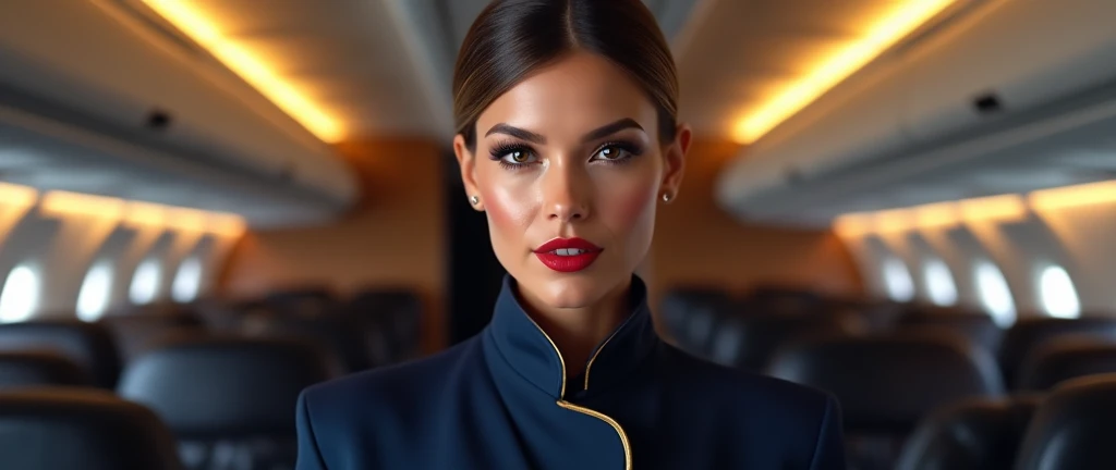 a beautiful female hostess in a flight, DJ DJing, wearing dark blur flight attendant uniform detailed realistic portrait, high quality, photorealistic, extremely detailed eyes and face, long eyelashes, mature elegant expression, red lips, flight attendant uniform, standing in an airplane interior, warm lighting, intricate details,, 8k