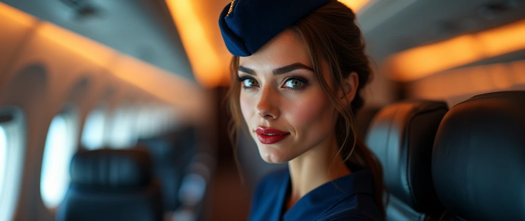 a beautiful female hostess in a flight, DJ DJing, wearing dark blur flight attendant uniform detailed realistic portrait, high quality, photorealistic, extremely detailed eyes and face, long eyelashes, mature elegant expression, red lips, flight attendant uniform, standing in an airplane interior, warm lighting, intricate details,, 8k
