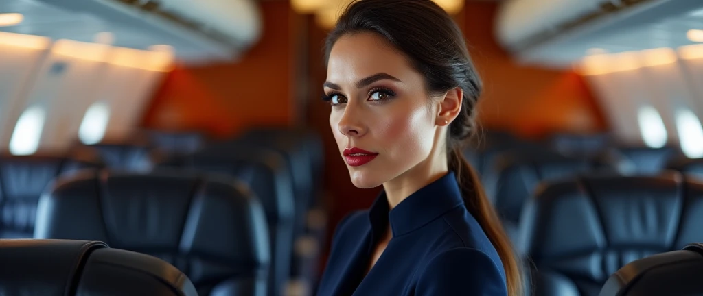 a beautiful female hostess in a flight, DJ DJing, wearing dark blur flight attendant uniform detailed realistic portrait, high quality, photorealistic, extremely detailed eyes and face, long eyelashes, mature elegant expression, red lips, flight attendant uniform, standing in an airplane interior, warm lighting, intricate details,, 8k