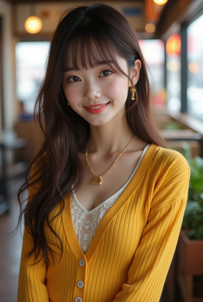 (8k、Raw photography、Top Quality、masterece-piece:1.2)、ultra detaild、Super Resolution、(Realstic、real photographic:1.37)、portlate、High Definition RAW Color Photography、Professional Photography、extremely detailed and beautiful、intensely detailed、8k Wallpapers、amazing detailed、huge filesize、Official art、Highly detailed CG unity 8k wallpapers、extremely detailed beautiful girl、higly detailed face、highly-detailed eyes、highlydetailed skin、extremely detailed fingers、extremely detailed nose、Highly detailed detailed mouth、Perfect Anatomy、highly detailed back ground、Highly detailed clothing、A girl 1 person、(18:1.2)、Teen、cute girls、famous Japan idol、a Pretty、Realistic body、Short、White Skin Skin、shining skin、HugeBoobs、(huge pregnant)、Brown-haired、(Blunt bangs:1.2)、smile on face、kawaii、Assuming々Right、Kawaii face、lifelike face、Delicate eys、Sauce order、Yellow cardigan、skirts、earrings、Looking at the camera、cow-boy shot、front facing、Standing、contrapo, Street, public, dynamic lighting,inside room