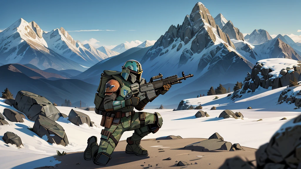 Mandalorian, Mandalorian helmet, Mandalorian armor, camo, camouflage, firearm, assault rifle, action pose, mountains, hills, rocks