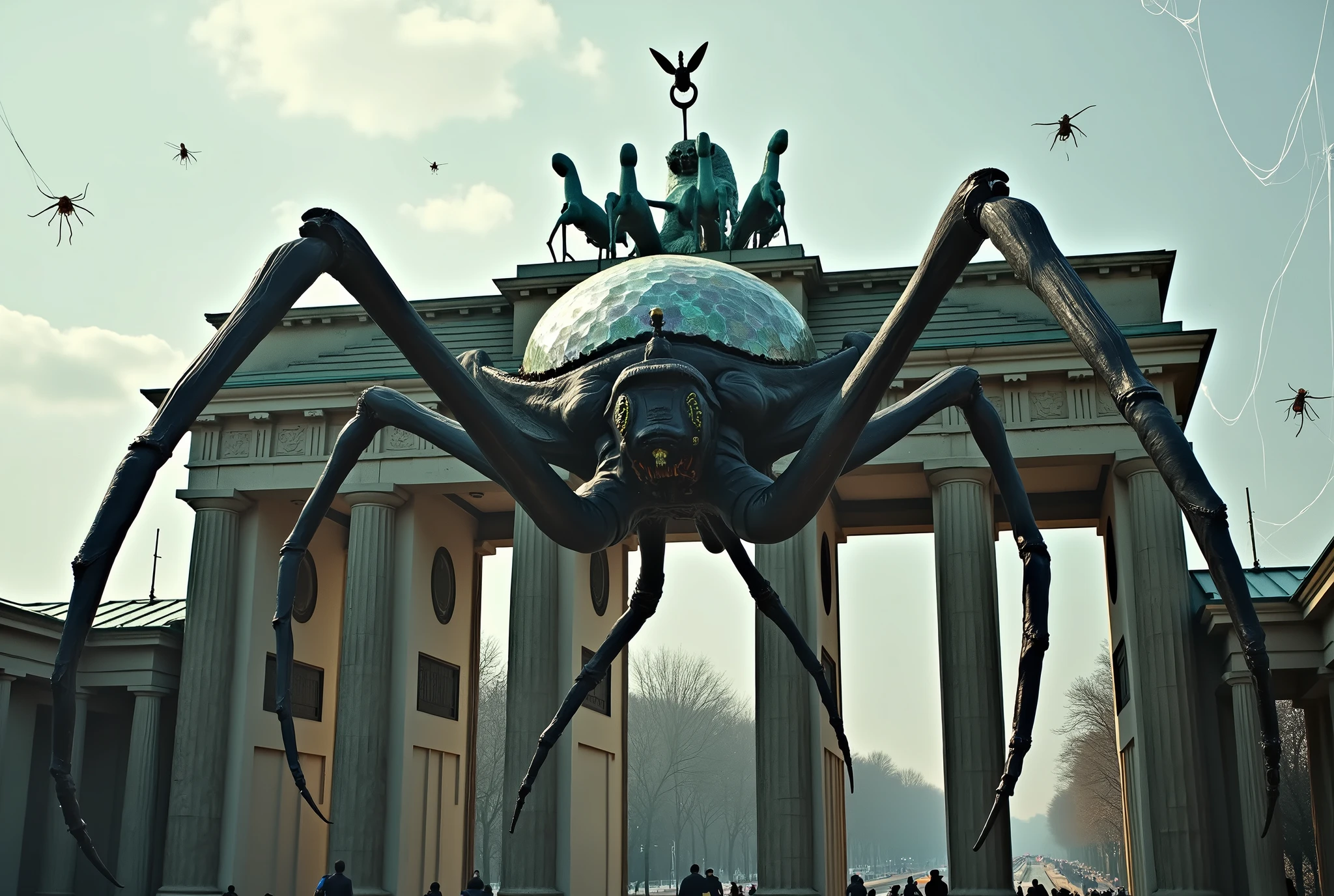 realistic style, photo, photorealistic, high detail, (sharp), (photorealism:1.2), (photo:1.2) of a giant spider sleeping on the roof of Brandenburg Gate. Alien insect sliming on columns, webs through columns, spider cocoons