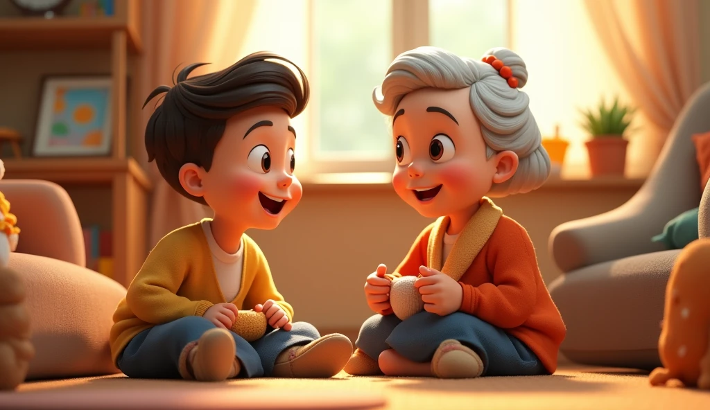 A boy talking to his grandmother
3d cartoon 3d animation