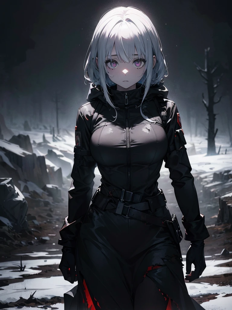 Standing in the Wilderness, 8K high resolution, White Background, The background is a dark and desolate landscape, Horror movie atmosphere. Her figure is very beautiful, Emphasizing the dark and crazy elements. Skillfully expressing the effects of light and shadow, Anime ' Line, Mechanized Soldier Girl, ' Line style