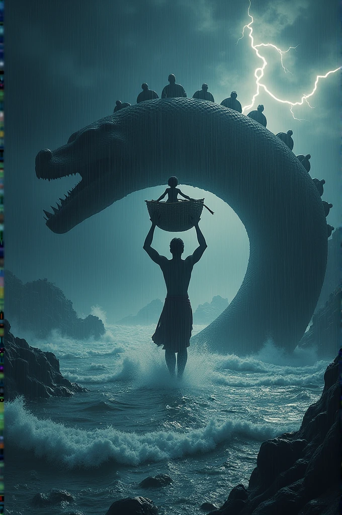 "A stormy night under a dark, cloud-filled sky. Vasudeva is seen wading through the swelling waters of the Yamuna River, carrying baby Krishna in a basket above his head. The river is parting slightly to allow them passage, and a multi-hooded serpent is forming a protective canopy over them. The scene is filled with the intensity of the storm, with rain pouring down and lightning illuminating the surroundings, yet a calm aura surrounds Krishna and Vasudeva."