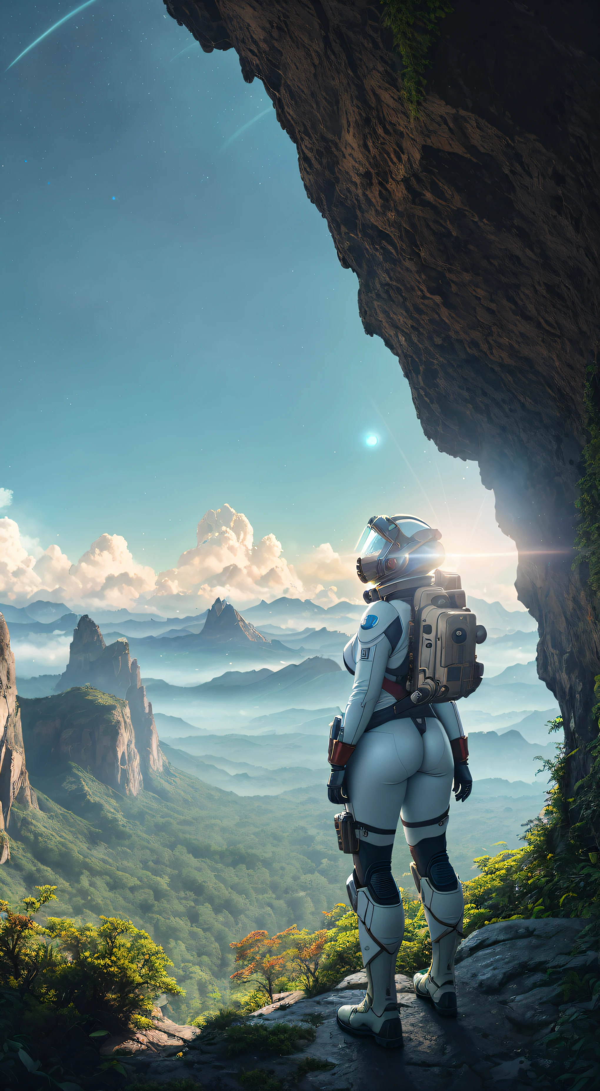 (35mmstyle:1.2), Highly detailed RAW color Photo, Rear Angle, Full Body, of (female space marine, wearing white and red space suit, futuristic helmet, tined face shield, rebreather, accentuated booty), outdoors, (standing on Precipice of tall rocky mountain, looking out at magical lush green rain forest on alien planet), vivid detail, (exotic alien planet), toned body, big butt, (sci-fi), (mountains:1.1), (lush green vegetation), (two moons in sky:0.8), (highly detailed, hyperdetailed, intricate), (lens flare:0.7), (bloom:0.7), particle effects, raytracing, cinematic lighting, shallow depth of field, photographed on a Sony a9 II, 35mm wide angle lens, sharp focus, cinematic film still from Gravity 2013, viewed from behind, dynamic angle