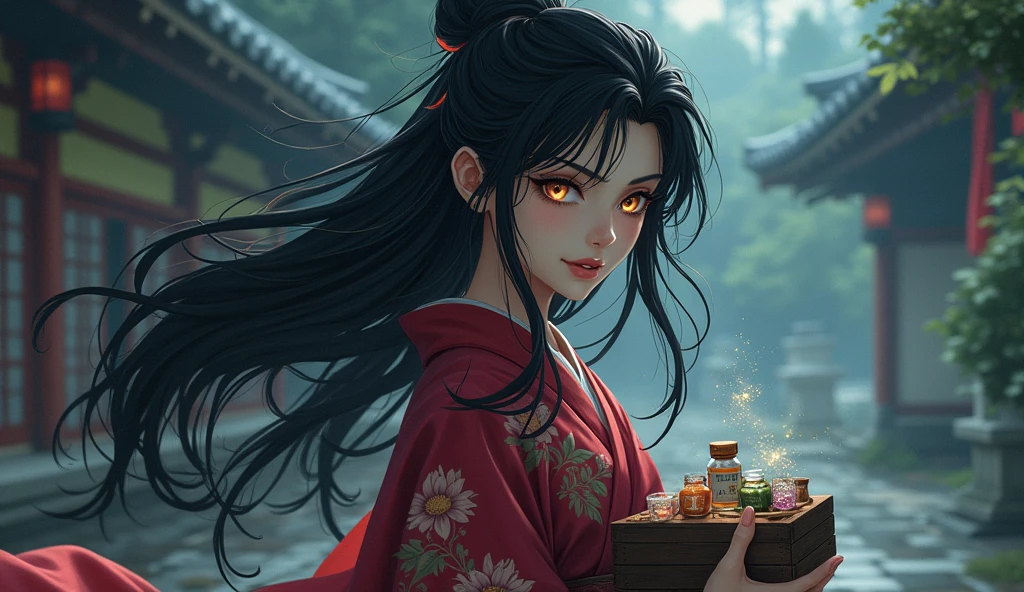 Create an image of a female character inspired by the medicine seller from 'Mononoke' in the 'Karakasa' arc. She has a mysterious and ethereal appearance, with long, flowing black hair and sharp, striking features. Her eyes are intense and seem to hold ancient wisdom, perhaps with a distinct color like gold or violet. The woman is dressed in a traditional yet stylized kimono with intricate patterns, blending vibrant colors such as deep reds, purples, and golds. She carries a small wooden box filled with various medicines and mystical items, symbolizing her role. The background features a traditional Japanese setting with supernatural elements, such as a haunted temple or a misty forest. The atmosphere should convey a sense of mystique, with a mix of the spiritual and the eerie, capturing the essence of the character as a female medicine seller who navigates the world of spirits and the unknown.