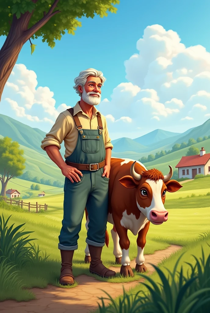 In the final scene, the farmer stands tall beside his cow, with a satisfied smile. The village landscape stretches out behind him, showing fields and simple houses. The farmer’s expression reflects wisdom and gratitude, as the cow grazes peacefully, symbolizing the reward of patience and perseverance.