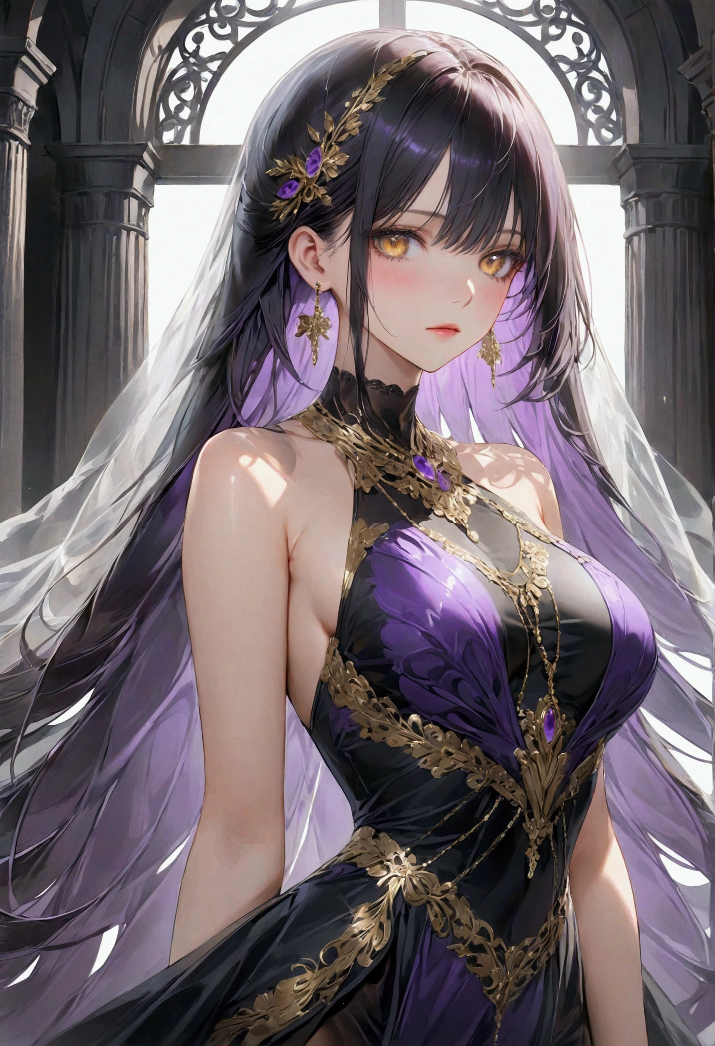 Anime girl with long straight black hair, blue and purple gradient eyes,elegant dress, detailed body, detailed eyes, masterpiece, best quality, aesthetic, standard pose