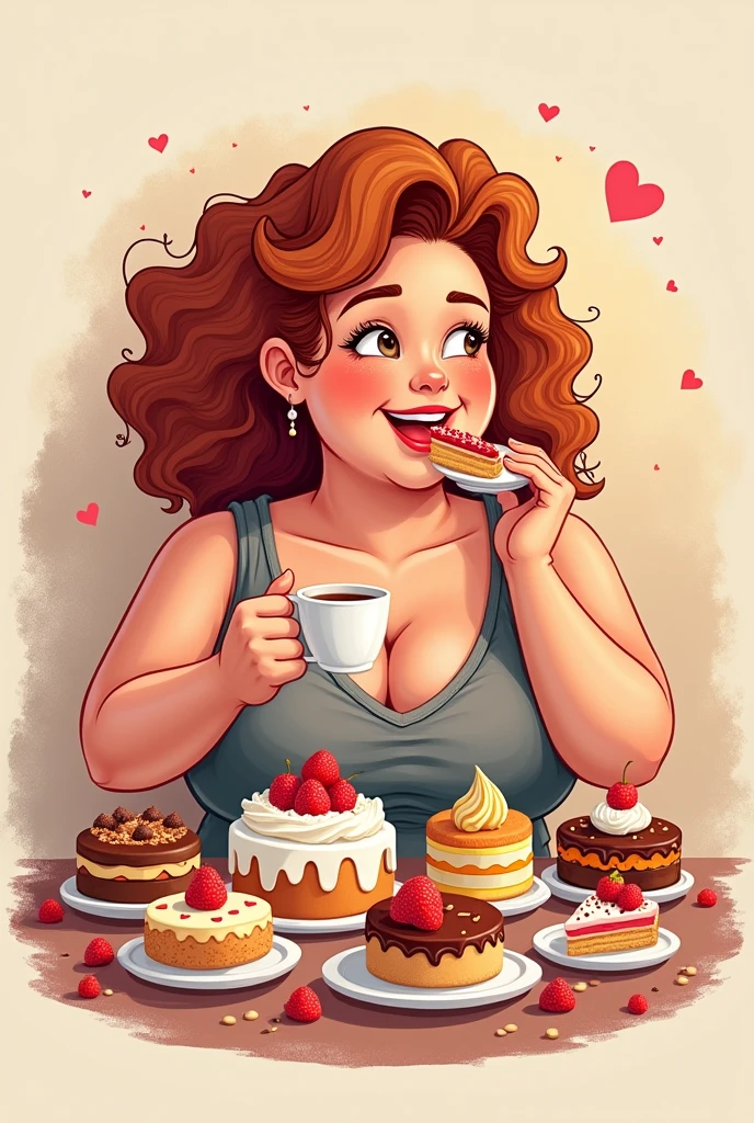 (generate logo) pastry chubby woman eating desserts curly hair