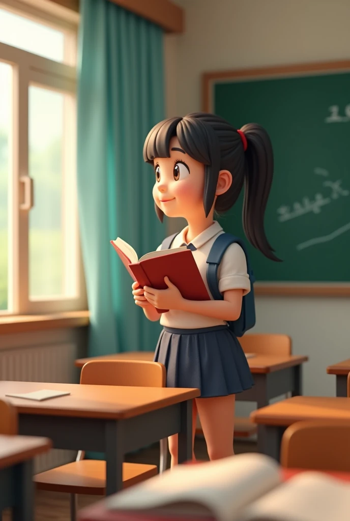 A girl in a high school classroom,Hold a textbook,Standing by the window,Wearing school uniform,Behind it is a blackboard,Cartoon 3D style,