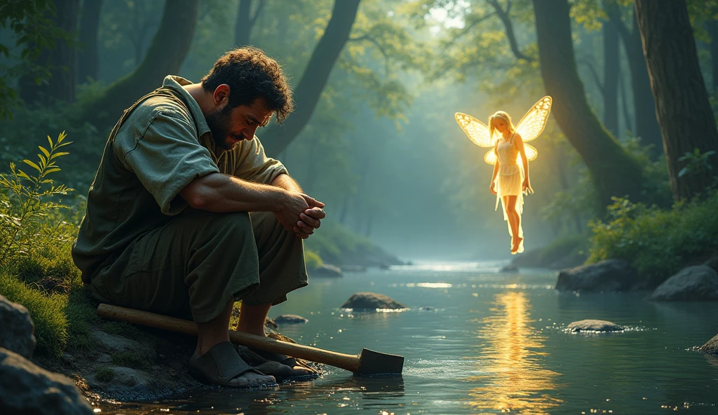 The woodcutter was heartbroken because he had no money to buy a new one.As he sat by the river, crying, a kind fairy appeared.