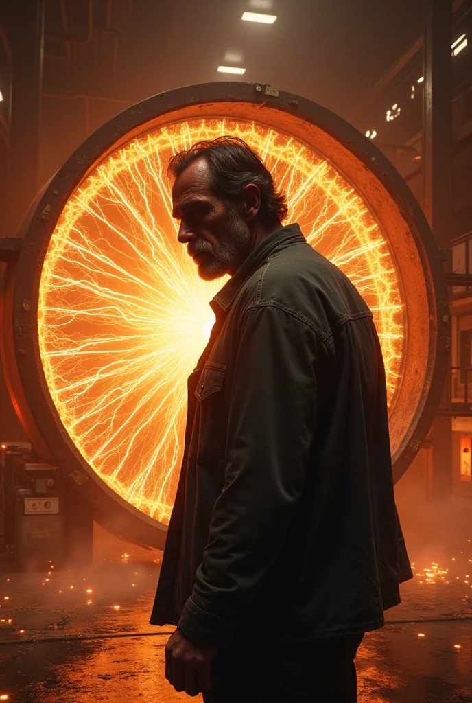 "A dramatic scene inspired by Stranger Things Season 3, capturing the intense moment of Hopper’s sacrifice in the Russian lab beneath Starcourt Mall. Hopper stands in front of the massive machine that’s crackling with dangerous energy, his face set with determination. The machine is large and imposing, with bright sparks and electric arcs lighting up the room in a chaotic display. The background reveals the doorway to the Upside Down, with dark tendrils and swirling energy seeping through, adding an ominous atmosphere.
Hopper is illuminated by the fiery glow of the machine, with sweat and grime on his face, emphasizing the tension of the moment. Nearby, Joyce is seen through a glass window, her face a mix of fear and resolve as she prepares to turn the keys that will destroy the machine and close the gate. The scene is filled with contrasting light and shadow, capturing the intensity and emotional weight of Hopper’s sacrifice, with detailed textures and vibrant colors highlighting the high stakes and drama of the moment."