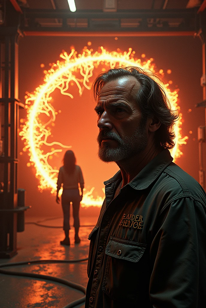 "A dramatic scene inspired by Stranger Things Season 3, capturing the intense moment of Hopper’s sacrifice in the Russian lab beneath Starcourt Mall. Hopper stands in front of the massive machine that’s crackling with dangerous energy, his face set with determination. The machine is large and imposing, with bright sparks and electric arcs lighting up the room in a chaotic display. The background reveals the doorway to the Upside Down, with dark tendrils and swirling energy seeping through, adding an ominous atmosphere.

Hopper is illuminated by the fiery glow of the machine, with sweat and grime on his face, emphasizing the tension of the moment. Nearby, Joyce is seen through a glass window, her face a mix of fear and resolve as she prepares to turn the keys that will destroy the machine and close the gate. The scene is filled with contrasting light and shadow, capturing the intensity and emotional weight of Hopper’s sacrifice, with detailed textures and vibrant colors highlighting the high stakes and drama of the moment."