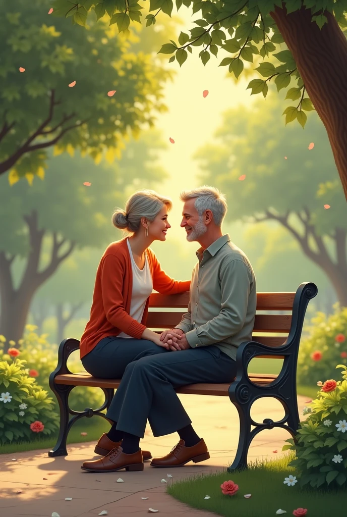 Create me an image of a couple sitting on a bench while looking at each other.