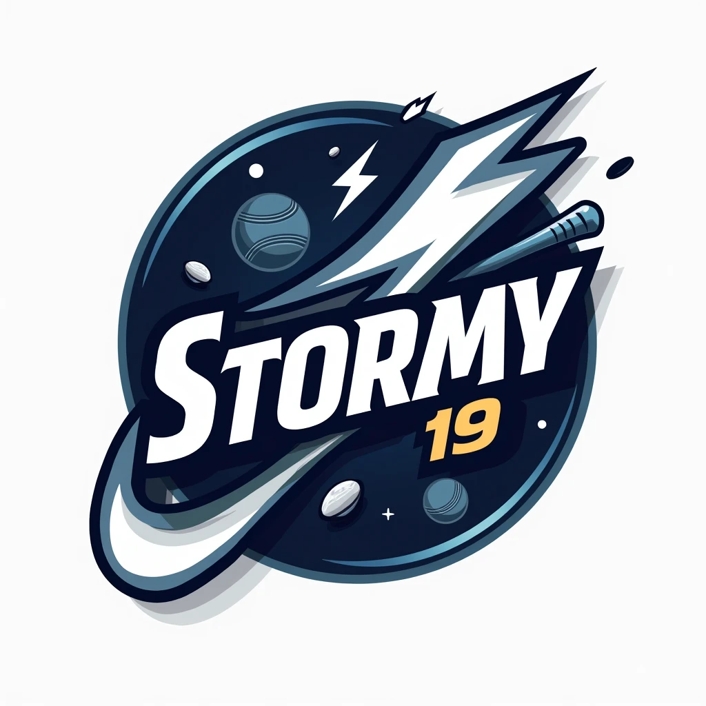 "Design a modern and dynamic cricket team logo for a team named 'Stormy 19'. The logo should feature a storm or lightning theme, with a bold and energetic design. Include elements like a cricket bat, ball, or stumps subtly integrated into the design. The color scheme should be a mix of dark blue, silver, and white to convey power and agility. The team name 'Stormy 19' should be prominently displayed in a stylish, sporty font. The overall look should be sharp, professional, and suitable for a cricket jersey and merchandise."