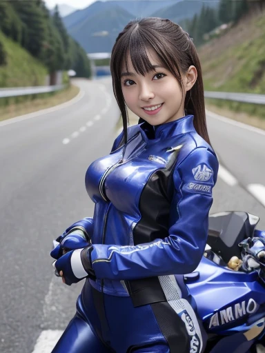 (On Motorbike、kawasaki)、1 girl，Bob Hair、Brown Hair、Medium breast、smile、circuit、Detailed Background、Tank top、Mini skirt with slit、boots、Gloves、Anatomically correct arms and legasterpiece:1.37、Raw photo、Highest quality、