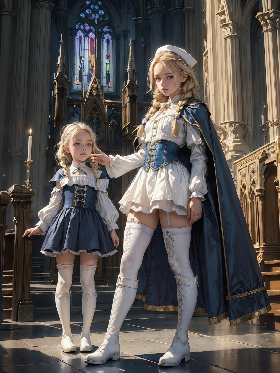 (((fantasy, cathedral:1.4))), (((midnight:1.4))), masterpiece, best quality, ultra-detailed, high resolution, extremely detailed cg, 8k, beautiful detailed eyes, depth of field, perfect anatomy, super detailed skin, cinematic lighting, dynamic lighting, anime picture, shiny hair and skin, detailed outfit, 【break】, ((cowboy shot, looking down , standing, stylish poes:1.3)), (((a 1girl is , , littlro:1.6))), ((afterglow)), (((blonde hair, Braided hair:1.3))), (beautiful detailed blue eyes), white-skinned, (((child short stature, child body shape, young face, cute face, small breasts, slim:1.4))), , wizard, ((Pure white silk, white blouse:1.3)), ((blue mini skirtt, blue corset, blue mantle:1.4)), ((White knee-high stockings:1.2)), ((white short boots))