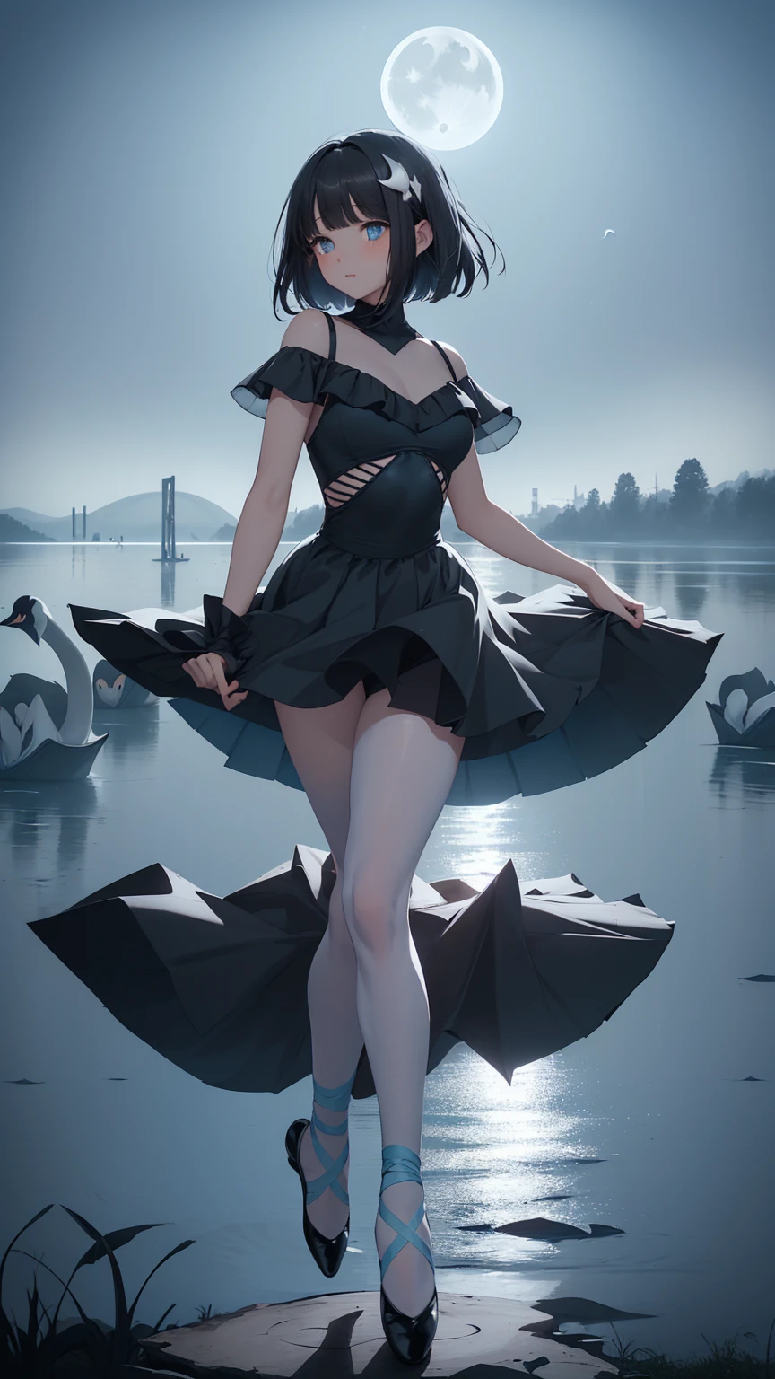 Highest quality, flying debris、Beautiful woman、Black Hair、(Dark blue eyes、Blunt bangs、Blunt bangs)、short hair、beginner,Full body portrait、break(Ballet Dancer、Ballet Dress、Tutu skirt:1.2)、break(((The lake of swan、Moonlit Night:1.3))),Big Breasts、((The fog is thick.))、BREAK((Black and light blue theme:1.2))