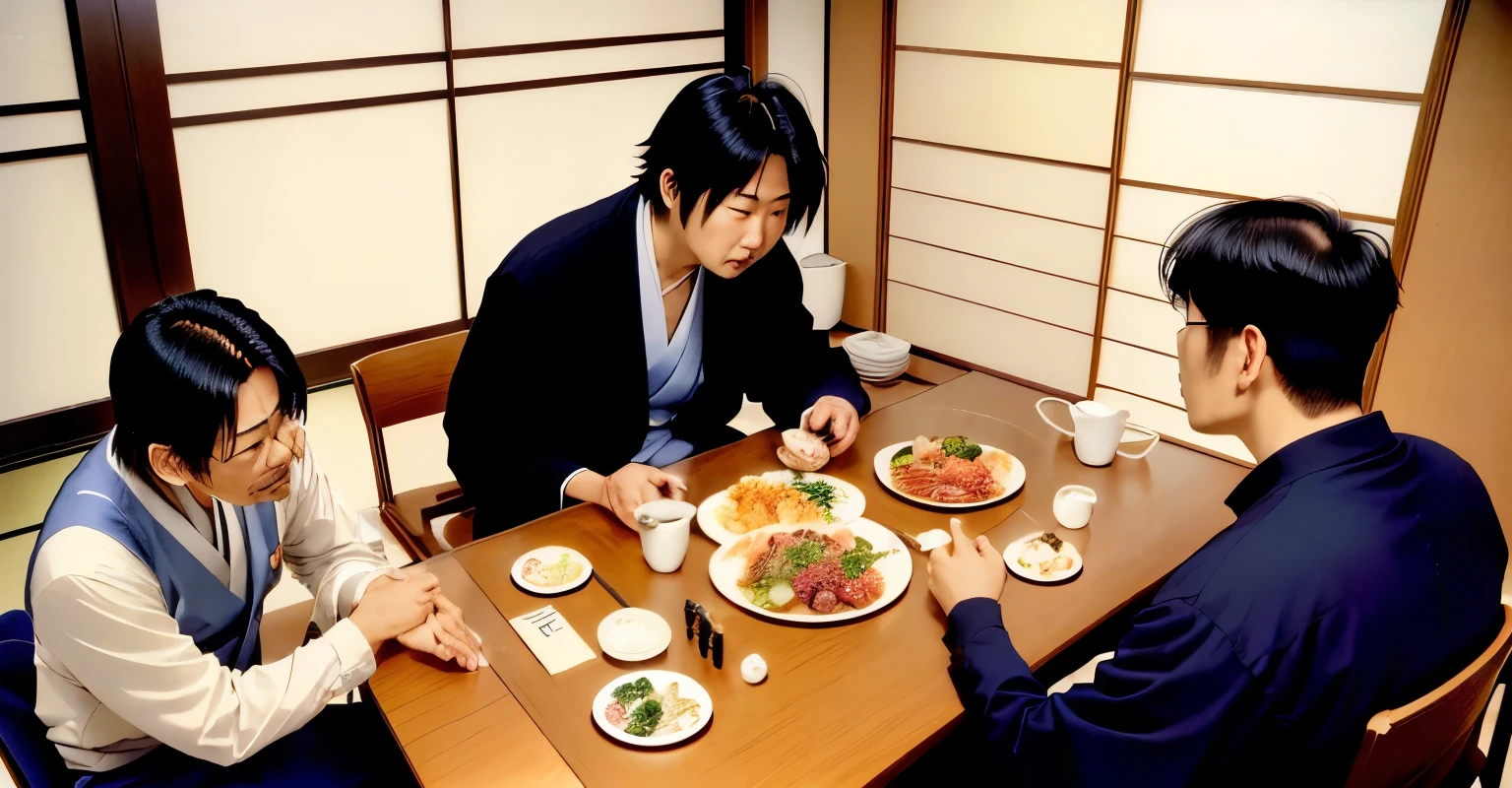 There is a man sitting at a table with a plate of food, In a Japanese apartment, Tatsuya Endo, Tomohiro Shimoguchi, amazing, Junichi Oda, Hiroya Oku, Kazuya Takahashi, Kentaro, Yosuke Ueno, Hiromasa Ogura, Hideki Anno, Yoji Takeshige