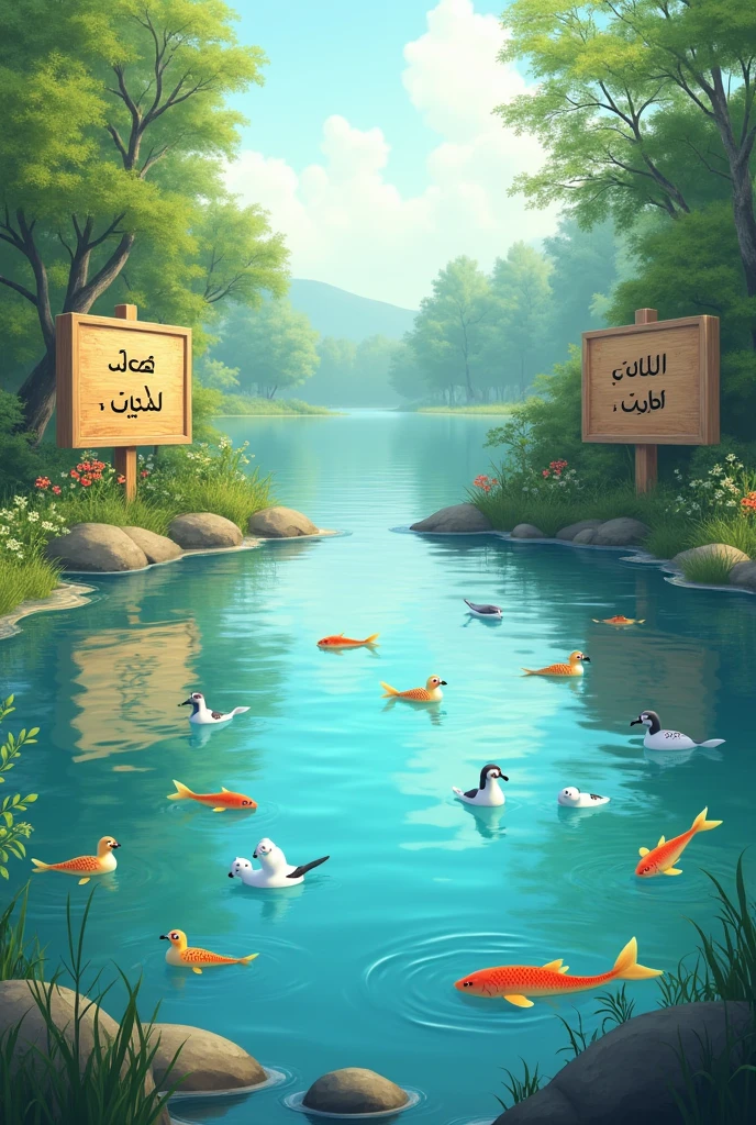 7. **Clean Lake with Signs:** The final image should show a clean, peaceful lake with signs around it saying "صاف جھیل، خوش جانور" (Clean Lake, Happy Animals) in Urdu. The animals should be relaxed and happy, enjoying the clean environment.