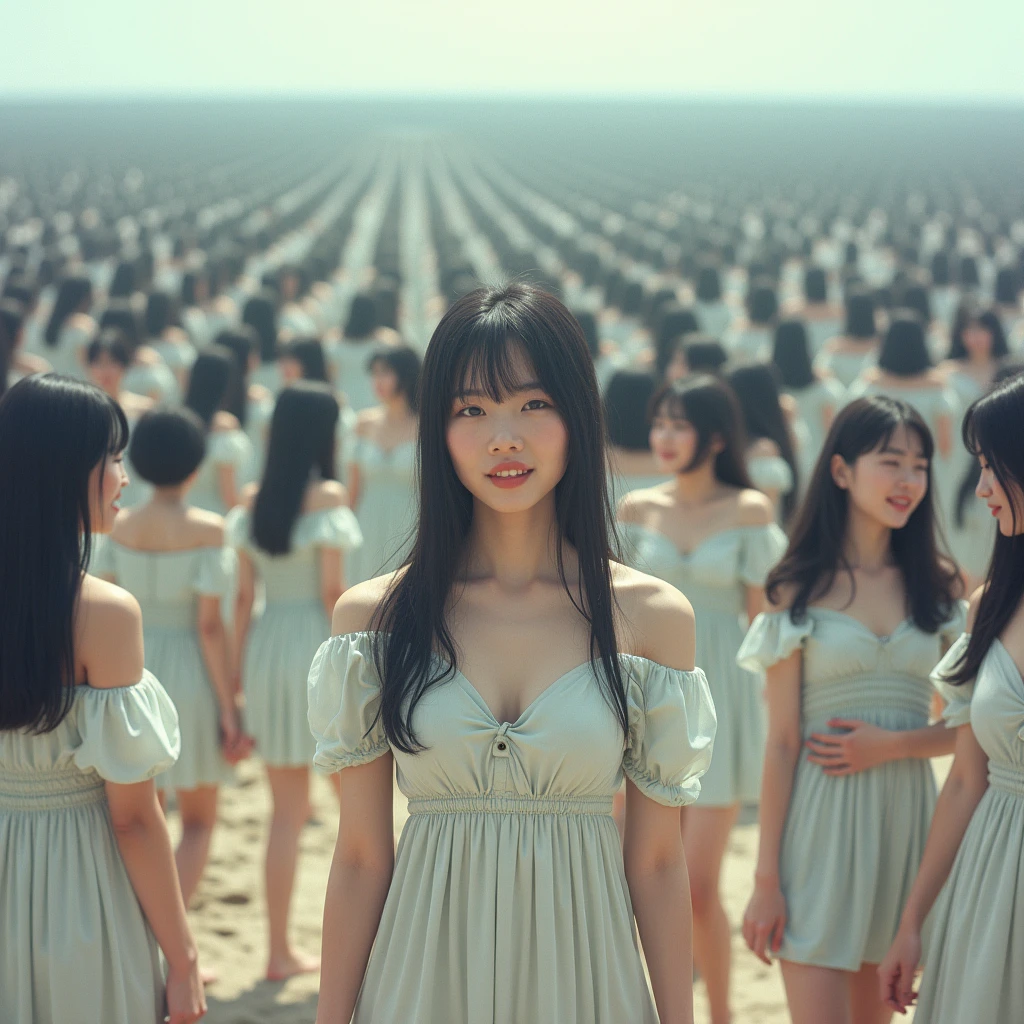 (((((Japanese Clone-girls=Myself))))), (((Super Best masterpiece Clone-girls Raw Photography Art))), (((16K, Highest quality, Ultra-high resolution, RAW Photos))), (((It's so unrealistic., With unparalleled depiction, With an unfathomable sight, An unprecedented and shocking worldview, Clone-girls: In a world of mass reproduction, Ultra-realistic))), (((Japanese Girls, Sasaki Nozomi, 28yo, Small face, Thick black hair, Medium to long hair, Dark Eyes, Mature face, Cute Smile, Smiling face, A gentle gaze, (((Very happy laughter)))))), (((Very beautiful detailed girls, Accurate body structure, Accurate body movements, Very detailed body, (((Super big breasts, Large bulge of ample breasts)))))), (((Pink swimsuit, Cleavage Emphasis, Emphasise the fullness of your breasts))), ((((((((Very detailed, Myself cloning, Depiction of splitting oneself, 1Myself girl→1,000,000,000,000,000,000,000,000,000,000Myself cloning girls)))))))), (((((((Myself clone-girlsから, Myself keeps multiplying, (Very detailed and intricate, To the exact, Flawless, (((In the same female body,With the same face, With the same hairstyle, In the same clothes, At the same height, 同じSuper big breastsである))), In a detailed depiction), 1,000,000,000,000,000,000,000,000,000,000 people))))))), (((((Myself girls only))))), (((((1,000,000,000,000,000,000,000,000,000,000Myself girls))))), (((((Very detailed depiction, Multiple or more Myselves, Physical contact, Pleasant conversation, Holding hands, Hug, walk, Turn around, Shift your gaze))))), (((Very detailed, Extremely crowded, Body-to-body contact with no gaps))), (Bright and soft light), (((((Clear and accurate perspective depiction, super wide view, Ultra-wide field of view, Focus on the average value of the image))))), A crowd of Myself filling up the horizon, 砂浜をwalkMyselfの群衆, View from the heights