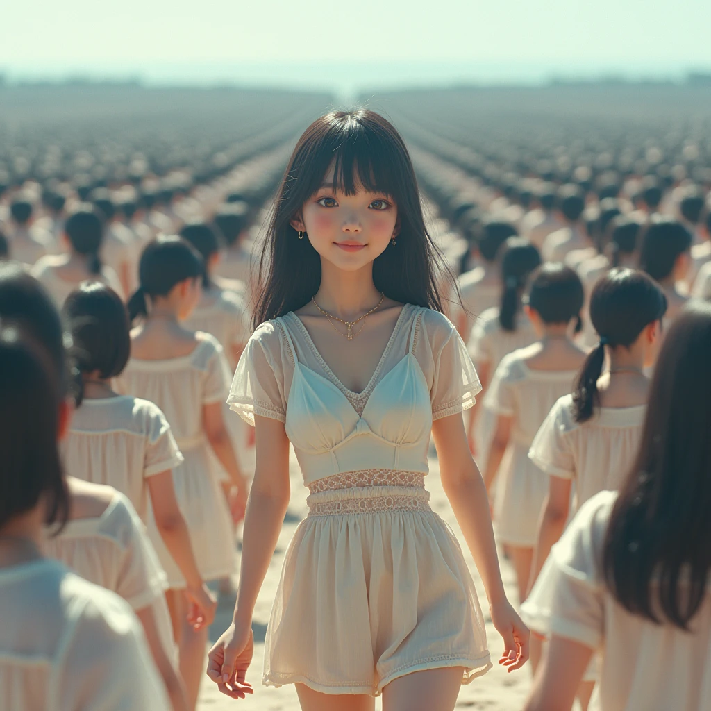 (((((Japanese Clone-girls=Myself))))), (((Super Best masterpiece Clone-girls Raw Photography Art))), (((16K, Highest quality, Ultra-high resolution, RAW Photos))), (((It's so unrealistic., With unparalleled depiction, With an unfathomable sight, An unprecedented and shocking worldview, Clone-girls: In a world of mass reproduction, Ultra-realistic))), (((Japanese Girls, Sasaki Nozomi, 28yo, Small face, Thick black hair, Medium to long hair, Dark Eyes, Mature face, Cute Smile, Smiling face, A gentle gaze, (((Very happy laughter)))))), (((Very beautiful detailed girls, Accurate body structure, Accurate body movements, Very detailed body, (((Super big breasts, Large bulge of ample breasts)))))), (((Pink swimsuit, Cleavage Emphasis, Emphasise the fullness of your breasts))), ((((((((Very detailed, Myself cloning, Depiction of splitting oneself, 1Myself girl→1,000,000,000,000,000,000,000,000,000,000Myself cloning girls)))))))), (((((((Myself clone-girlsから, Myself keeps multiplying, (Very detailed and intricate, To the exact, Flawless, (((In the same female body,With the same face, With the same hairstyle, In the same clothes, At the same height, 同じSuper big breastsである))), In a detailed depiction), 1,000,000,000,000,000,000,000,000,000,000 people))))))), (((((Myself girls only))))), (((((1,000,000,000,000,000,000,000,000,000,000Myself girls))))), (((((Very detailed depiction, Multiple or more Myselves, Physical contact, Pleasant conversation, Holding hands, Hug, walk, Turn around, Shift your gaze))))), (((Very detailed, Extremely crowded, Body-to-body contact with no gaps))), (Bright and soft light), (((((Clear and accurate perspective depiction, super wide view, Ultra-wide field of view, Focus on the average value of the image))))), A crowd of Myself filling up the horizon, 砂浜をwalkMyselfの群衆, View from the heights