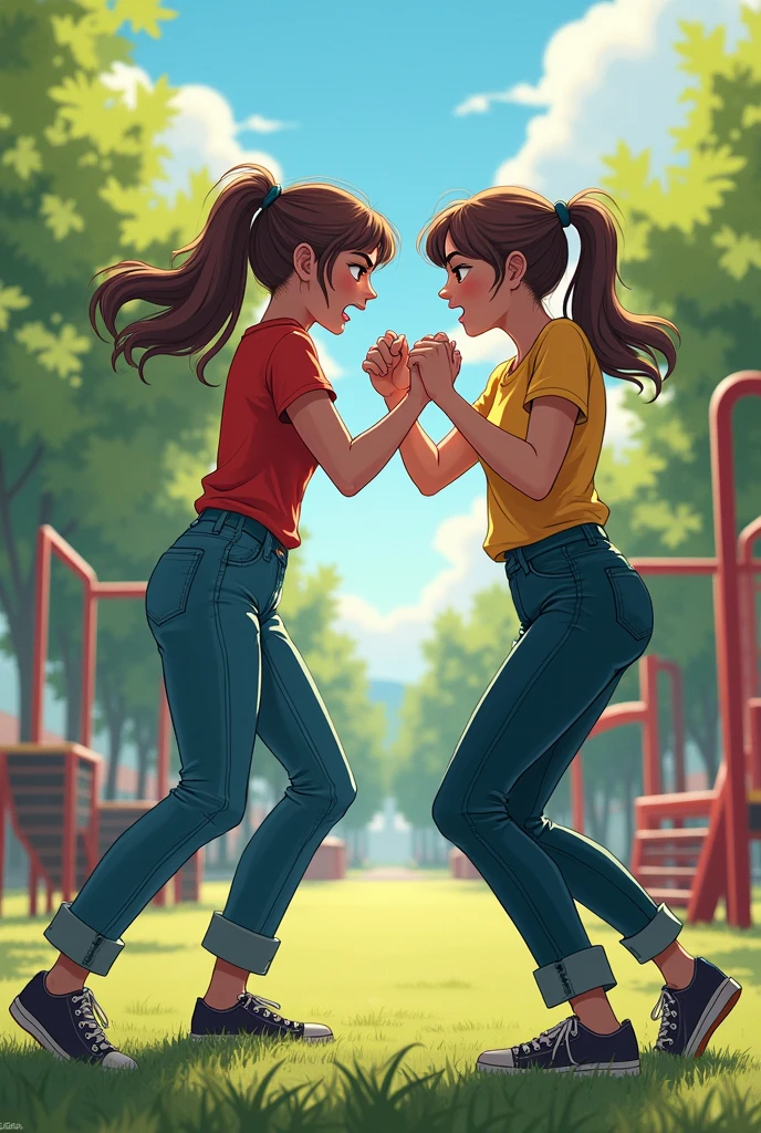 2 friends girls fighting at college in pants in playground angry face