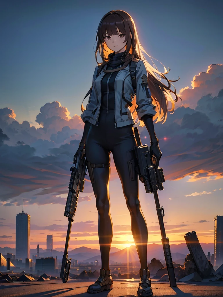 (masterpiece:1.2, Highest quality),(Colored Background) (Beautiful attention to detail: 1.2), (Highly detailed CG Unity 8K wallpapers, masterpiece, Highest quality, Very detailed, Best Shadow), (Detailed Background) ,arms(With a long stick),alone ,1 Robot. Cityscape, building, Skyline, sunset, Silhouette against a cloud background, meditation. Watching the beautiful sunset, sunset時に, sunset時, sunsetとともに, In the sunset, Nice views, Sunset view, With the sunset, sunset時に, During Golden Hour, looking sunset時に, Sunset in the background, Watching the sunset, In the spotlight, holding_gun, assault_rifle, Very detailed, Brown Hair, Long Hair, Anime Style, whole body, alone, Stylish Gunfighter Girl, Holding a steampunk long barrel pistol,Standing in the wasteland, 8K high resolution, White Background, The background is a dark and desolate landscape, Horror movie atmosphere. Her figure is very beautiful, Emphasizing the dark and crazy elements. Skillfully expressing the effects of light and shadow,