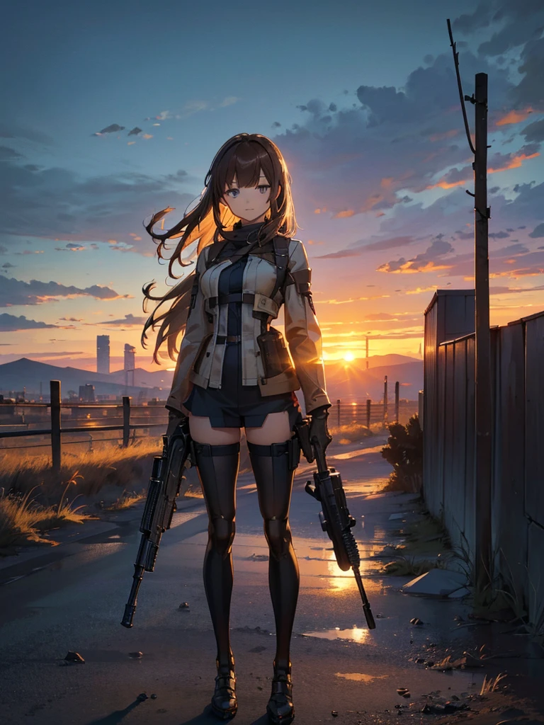 (masterpiece:1.2, Highest quality),(Colored Background) (Beautiful attention to detail: 1.2), (Highly detailed CG Unity 8K wallpapers, masterpiece, Highest quality, Very detailed, Best Shadow), (Detailed Background) ,arms(With a long stick),alone ,1 Robot. Cityscape, building, Skyline, sunset, Silhouette against a cloud background, meditation. Watching the beautiful sunset, sunset時に, sunset時, sunsetとともに, In the sunset, Nice views, Sunset view, With the sunset, sunset時に, During Golden Hour, looking sunset時に, Sunset in the background, Watching the sunset, In the spotlight, holding_gun, assault_rifle, Very detailed, Brown Hair, Long Hair, Anime Style, whole body, alone, Stylish Gunfighter Girl, Holding a steampunk long barrel pistol,Standing in the wasteland, 8K high resolution, White Background, The background is a dark and desolate landscape, Horror movie atmosphere. Her figure is very beautiful, Emphasizing the dark and crazy elements. Skillfully expressing the effects of light and shadow,