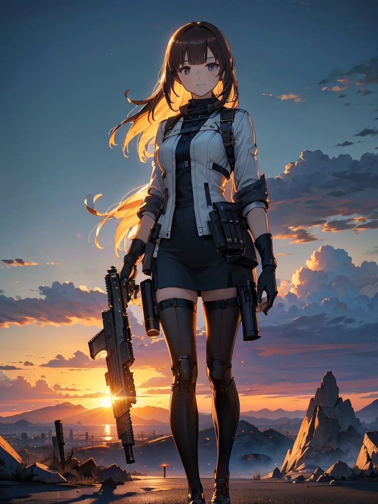 
(masterpiece:1.2, Highest quality),(Colored Background) (Beautiful attention to detail: 1.2), (Highly detailed CG Unity 8K wallpapers, masterpiece, Highest quality, Very detailed, Best Shadow), (Detailed Background) ,arms(With a long stick),alone ,1 Robot. Cityscape, building, Skyline, sunset, Silhouette against a cloud background, meditation. Watching the beautiful sunset, sunset時に, sunset時, sunsetとともに, In the sunset, Nice views, Sunset view, With the sunset, sunset時に, During Golden Hour, looking sunset時に, Sunset in the background, Watching the sunset, In the spotlight, holding_gun, assault_rifle, Very detailed, Brown Hair, Long Hair, Anime Style, whole body, alone, Stylish Gunfighter Girl, Holding a steampunk long barrel pistol,Standing in the wasteland, 8K high resolution, White Background, The background is a dark and desolate landscape, Horror movie atmosphere. Her figure is very beautiful, Emphasizing the dark and crazy elements. Skillfully expressing the effects of light and shadow,