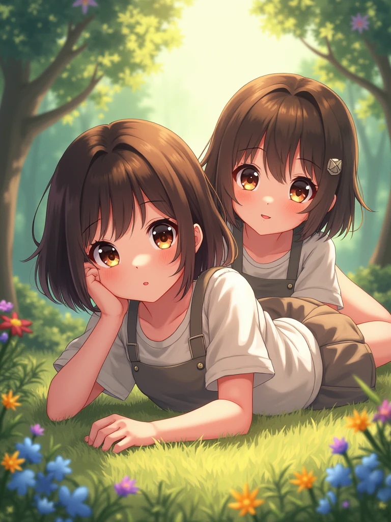 /A 2 girl, brown short hair, brown eyes, lying down, 1 girl, front face view, highest quality, in loops, pretty face, pretty eyes, pretty eyes, fantasy, vibrant colors, friendly weather, anime-realistic