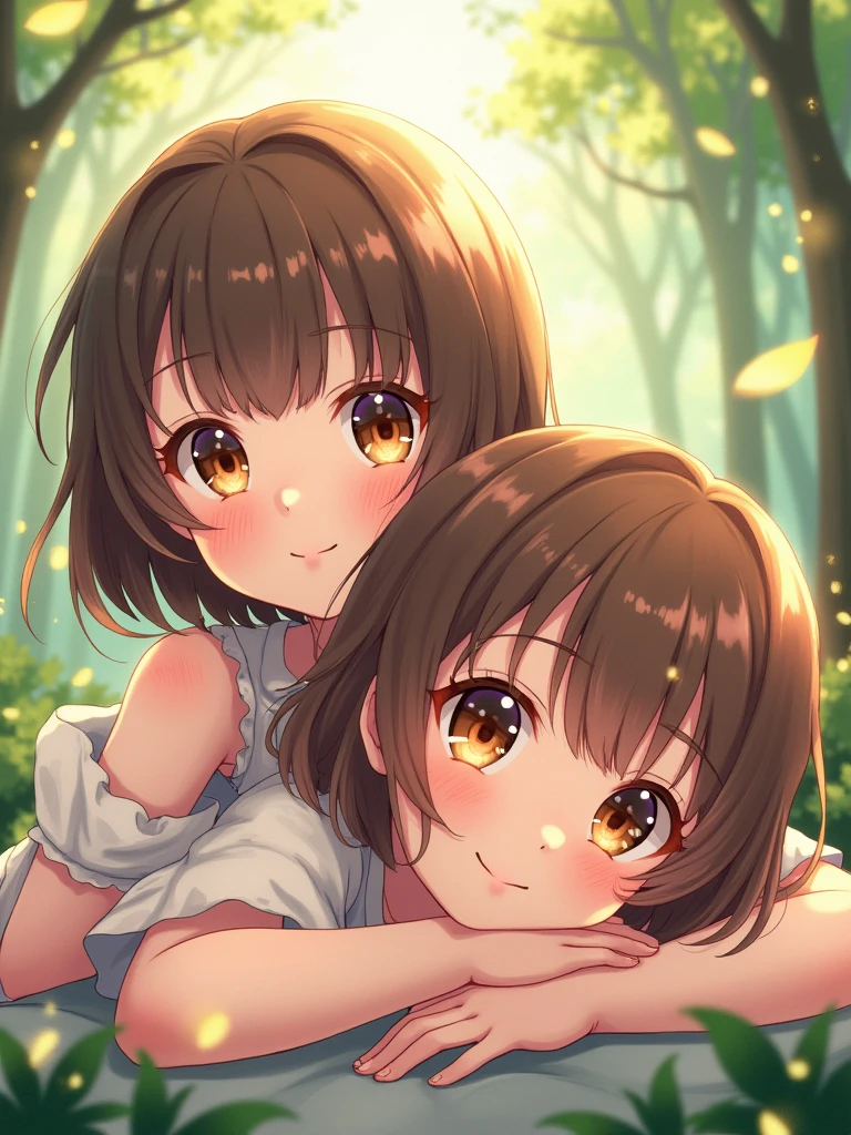 /A 2 girl, brown short hair, brown eyes, lying down, 1 girl, front face view, highest quality, in loops, pretty face, pretty eyes, pretty eyes, fantasy, vibrant colors, friendly weather, anime-realistic