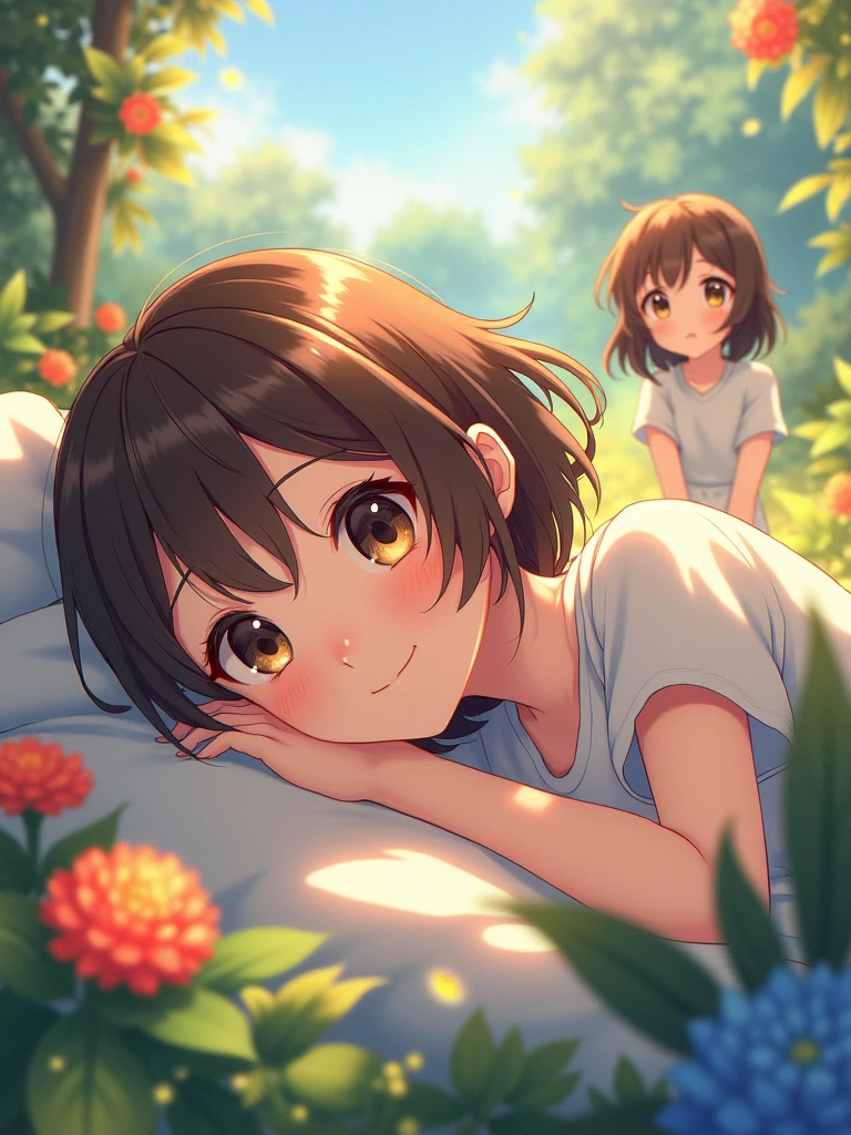 /A 2 girl, brown short hair, brown eyes, lying down, 1 girl, front face view, highest quality, in loops, pretty face, pretty eyes, pretty eyes, fantasy, vibrant colors, friendly weather, anime-realistic