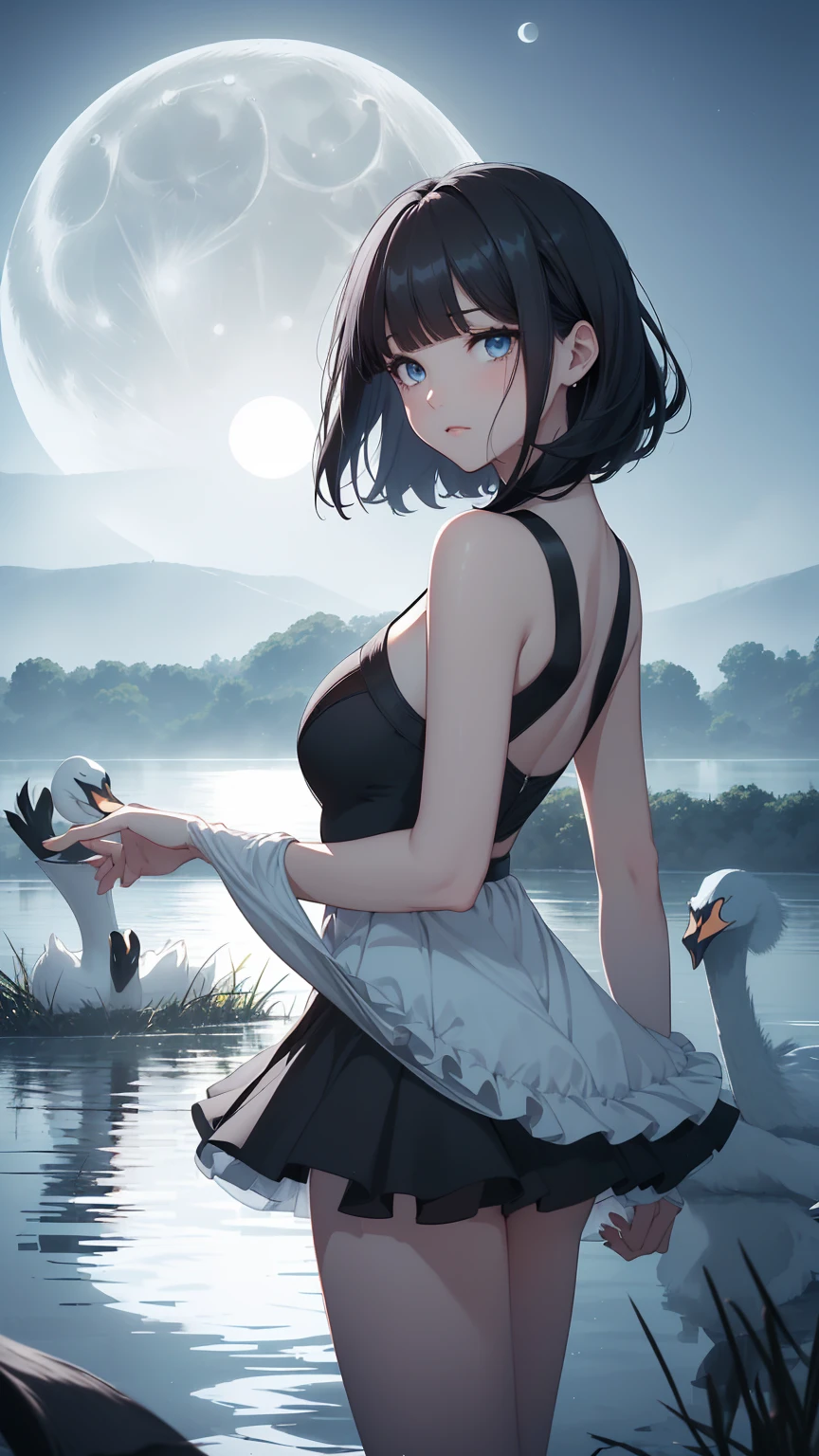 Highest quality, flying debris、Beautiful woman、Black Hair、(Dark blue eyes、Blunt bangs、Blunt bangs)、short hair、beginner,Full body portrait、break(Ballet Dancer、Ballet Dress、Tutu skirt:1.2)、break(((The lake of swan、Moonlit Night:1.3))),Big Breasts、((The fog is thick.))、BREAK((Black and light blue theme:1.2))