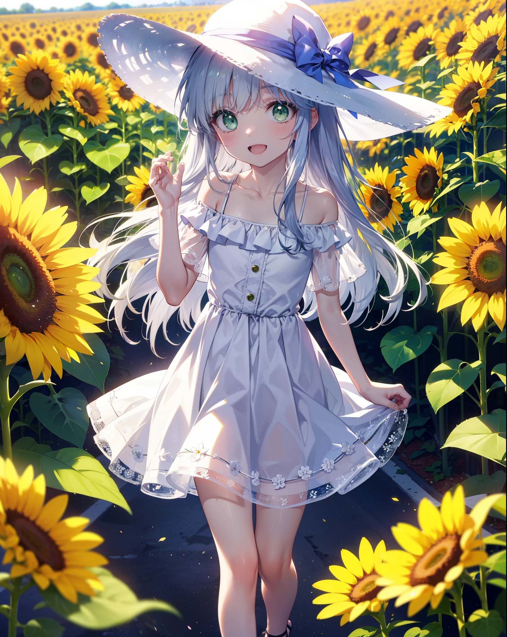 index, index, (Green Eyes:1.5), Silver Hair, Long Hair, (Flat Chest:1.2),smile,Open your mouth,smile,White hat,Off-the-shoulder dress,Short sleeve,Bare shoulders,bare clavicle,Bare neck,mini skirt,Cute heeled sandals,Are standing,True Summer,Clear skies,Daytime,whole bodyがイラストに入るように,
break looking at viewer, whole body,
break outdoors, Sunflower field,
break (masterpiece:1.2), Highest quality, High resolution, unity 8k wallpaper, (shape:0.8), (Fine and beautiful eyes:1.6), Highly detailed face, Perfect lighting, Highly detailed CG, (Perfect hands, Perfect Anatomy),