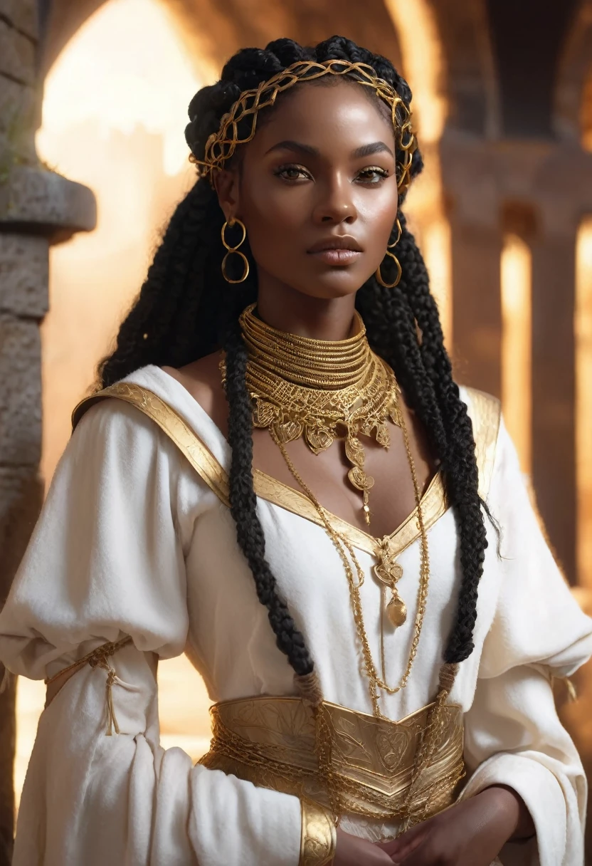 1 woman, inside a medieval castle, wearing a white medieval outfit, gold bracelets on her arm, gold earrings, gold necklaces on her neck, detailed facial features, feminine brown eyes, detailed deep/dark skin color, long curly black hair with small afro braids, dramatic lighting, cinematic composition, warm palette, sunlight, warm colors afro features, atmospheric dark fog, thin chin, soft face, beautiful and dark woman (best quality, 4K, 8K, high resolution, art: 1.2), ultra detailed (realistic, photorealistic, photorealistic: 1.37)