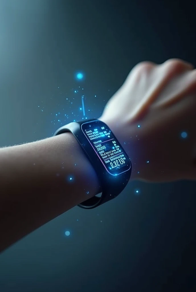 hologram wrist band that will help you be productive, healthy and happy . Make features that showcase its productivity. Make it small and thin